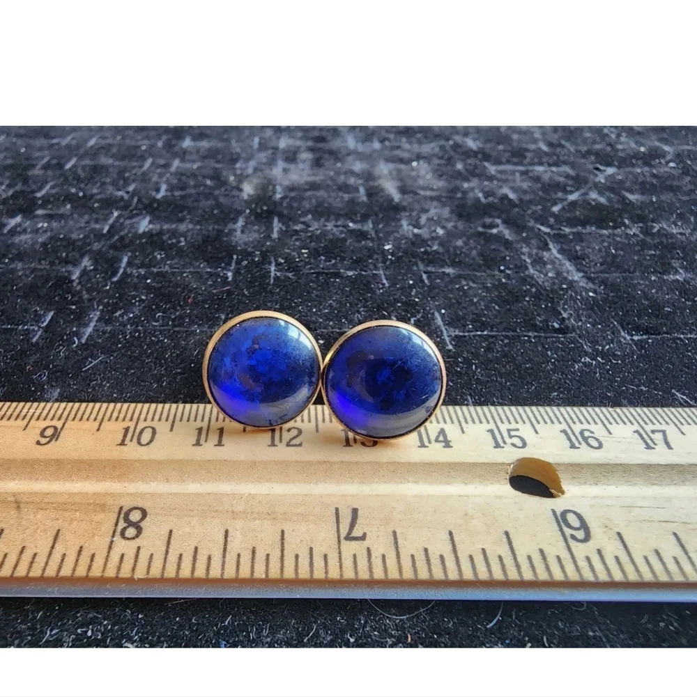 Vintage Cufflink Set Gold Tone Blue Glass Jewel Used